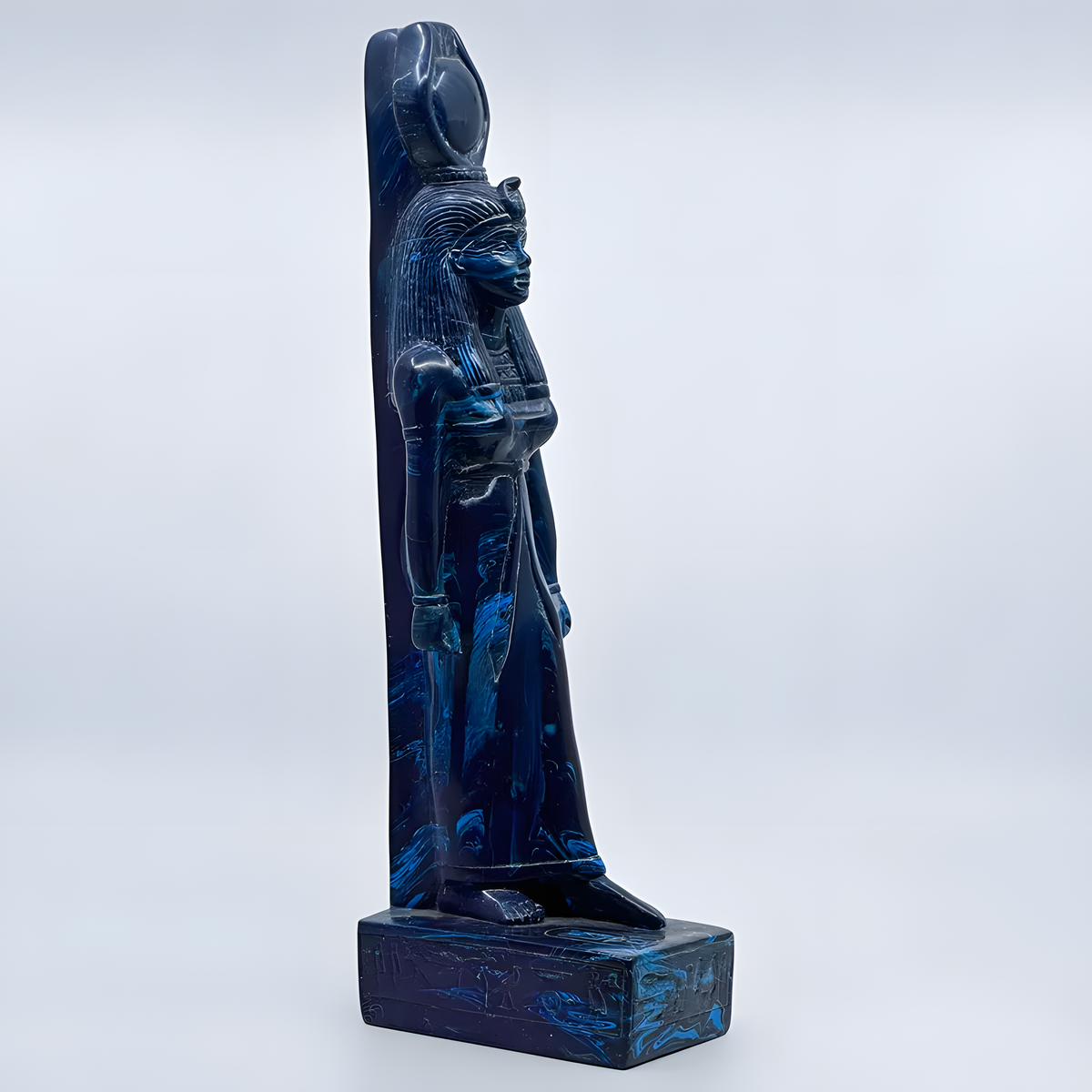 Hathor statue with lapis-tone finish, museum reproduction, side profile view