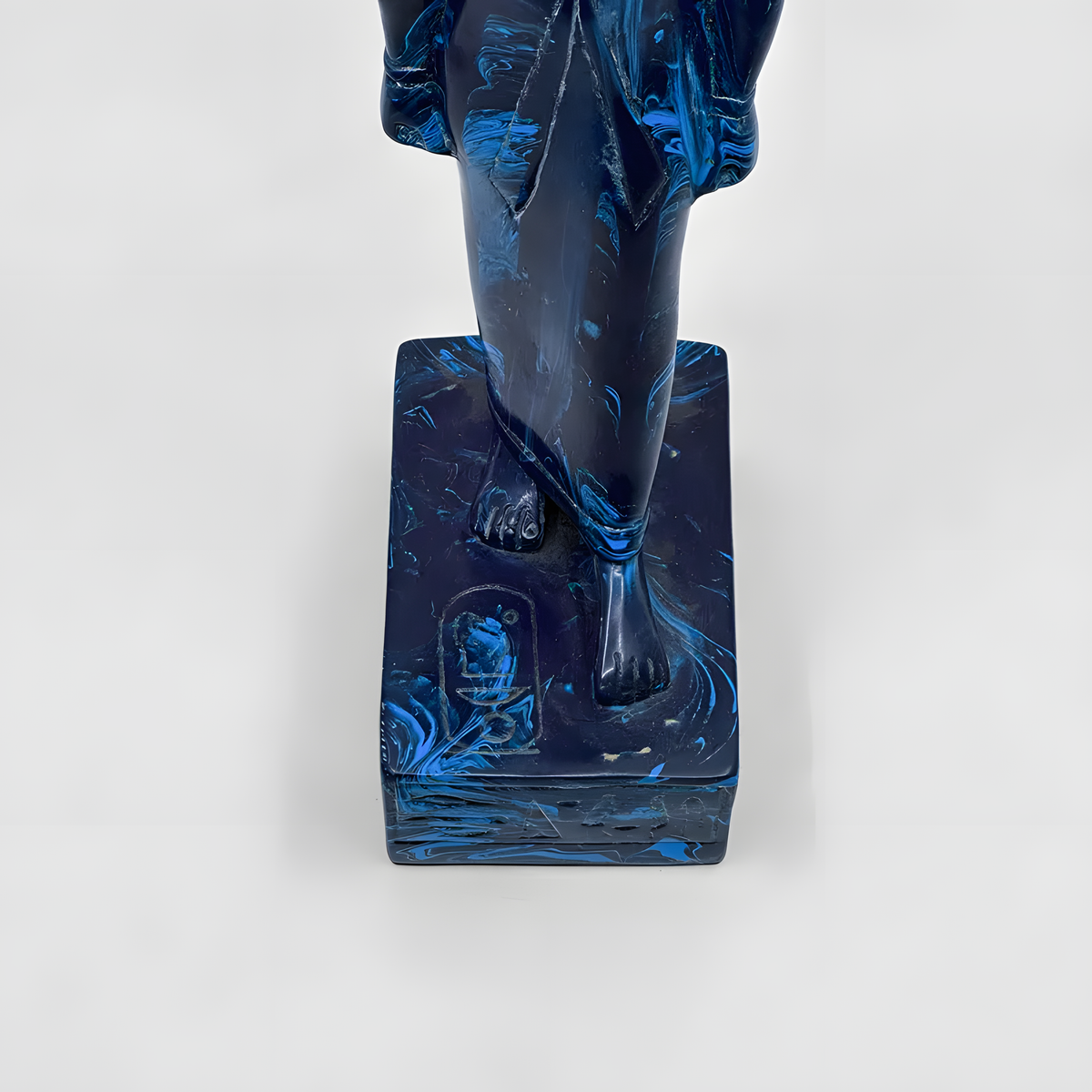 Hathor statue with lapis-tone finish, museum reproduction, headdress detail