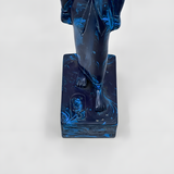 Hathor statue with lapis-tone finish, museum reproduction, headdress detail