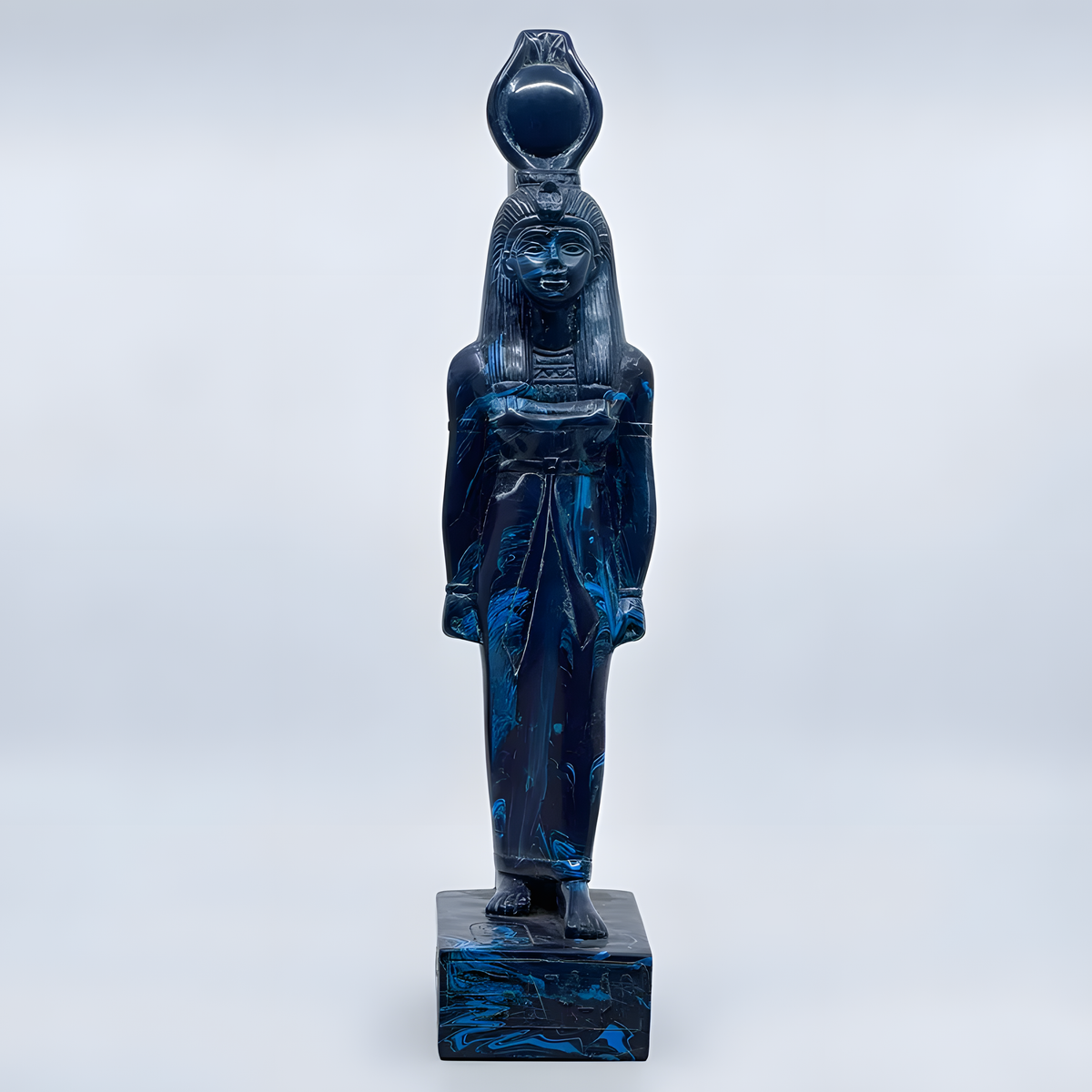 Hathor statue with lapis-tone finish, museum reproduction, base detail