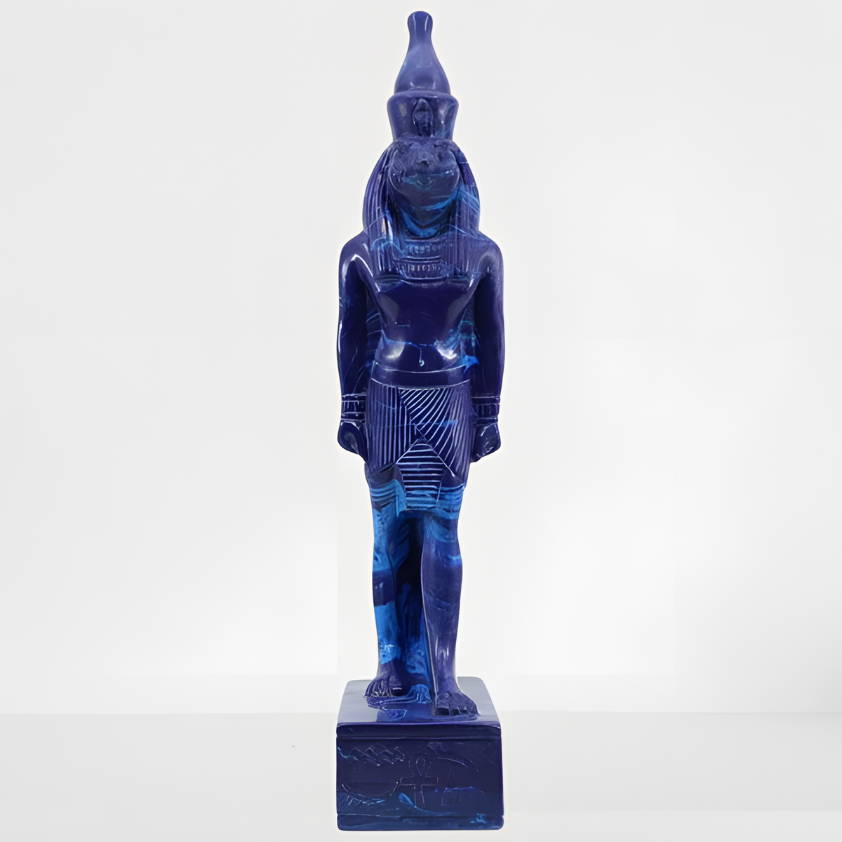 Egyptian Horus Falcon God statue, museum reproduction, melted lapis lazuli, front view
