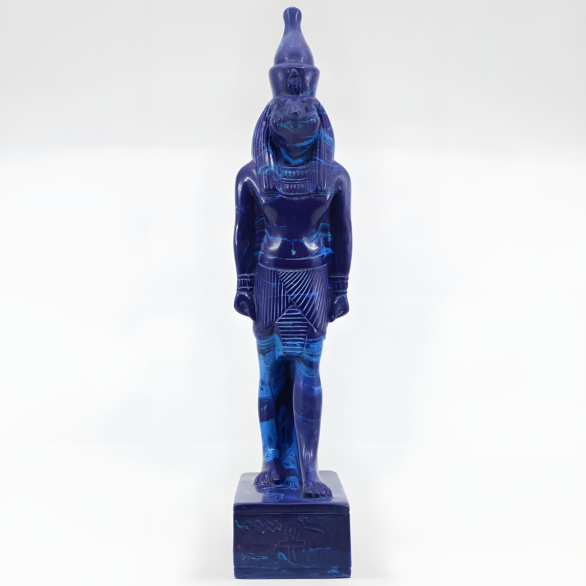 Egyptian Horus Falcon God statue, museum reproduction, base detail