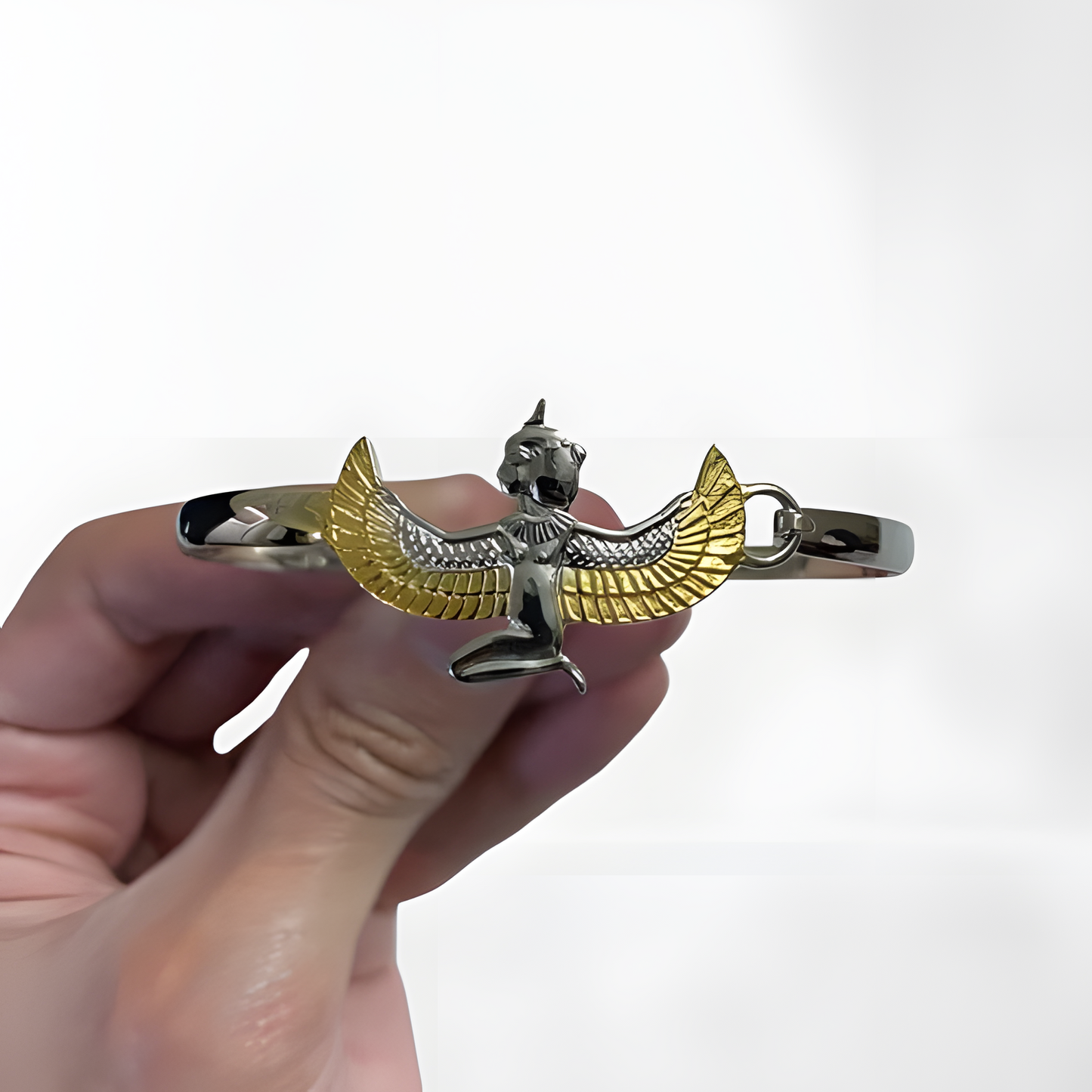 Handmade Egyptian Maat bracelet, gold and rhodium-plated sterling silver, front view