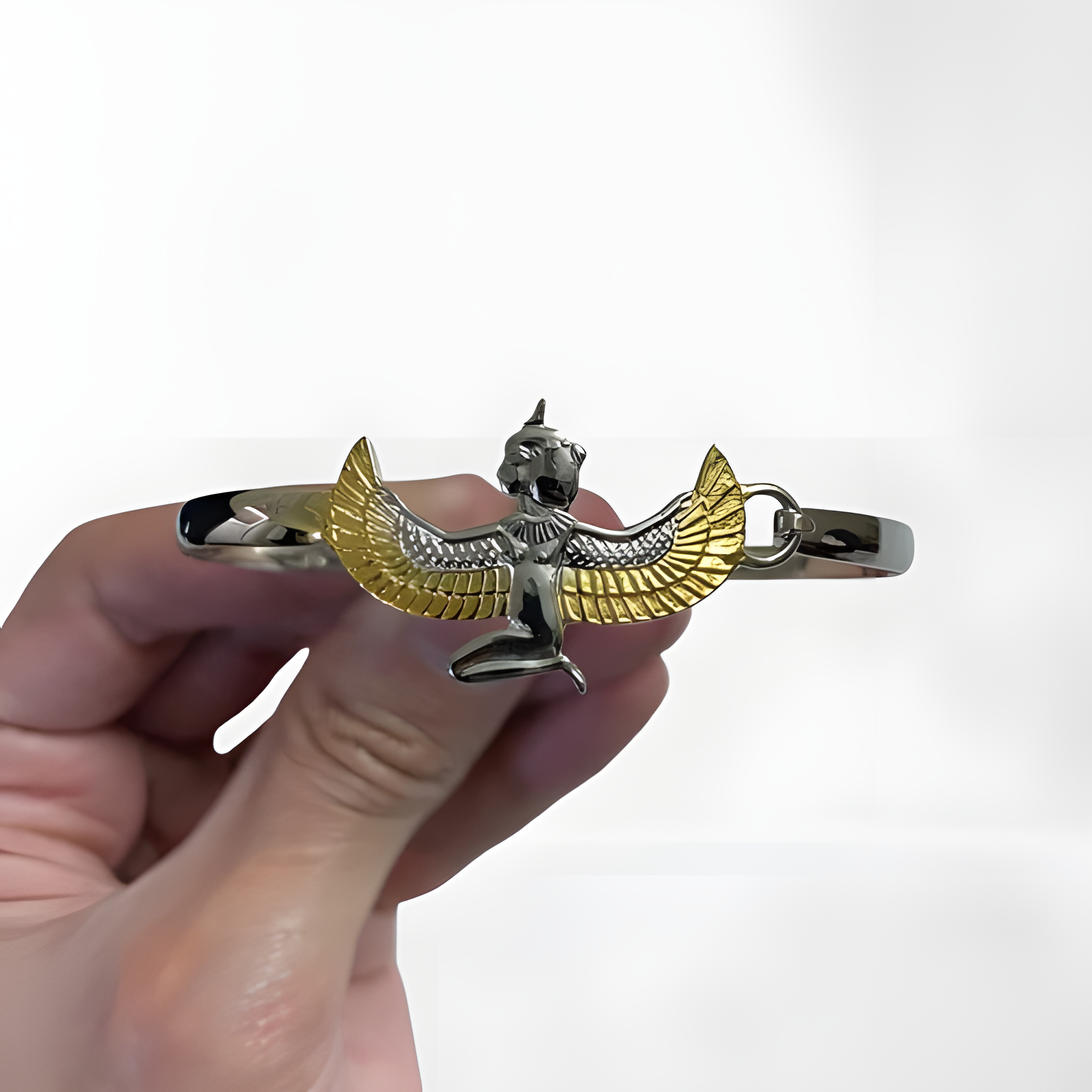 Handmade Egyptian Maat bracelet, gold and rhodium-plated sterling silver, front view