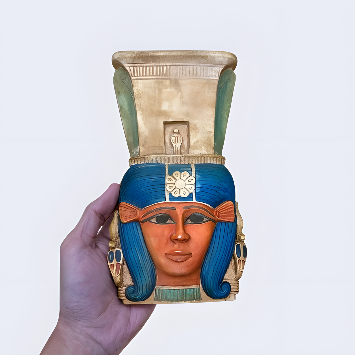 Hathor face wall sculpture, museum reproduction, hand-finished stone, front view