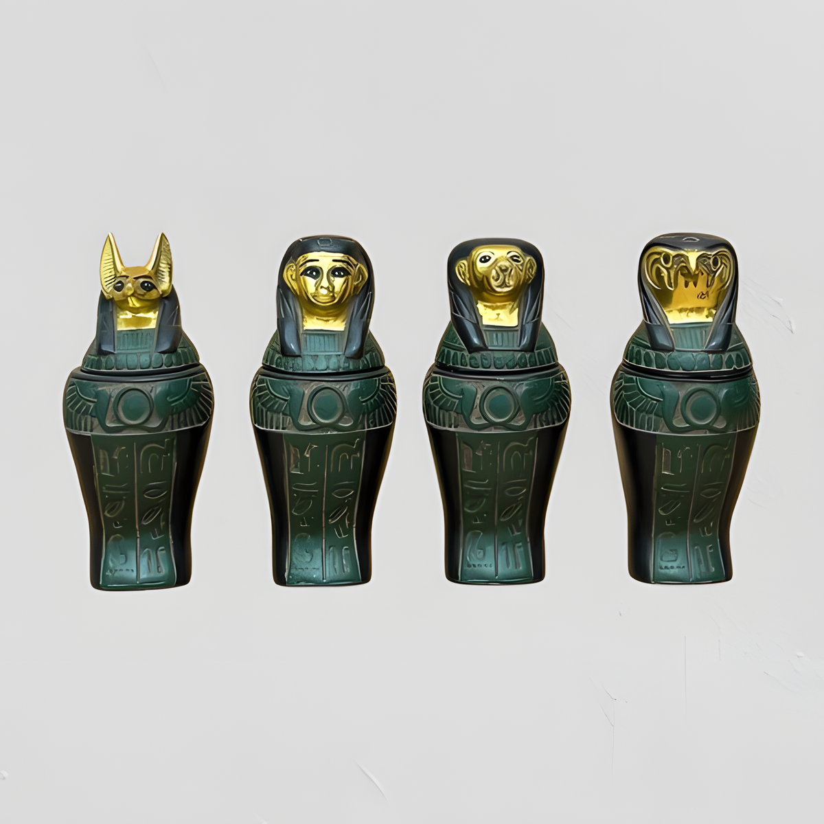 Egyptian winged sun canopic jars set, museum reproduction — full set front view