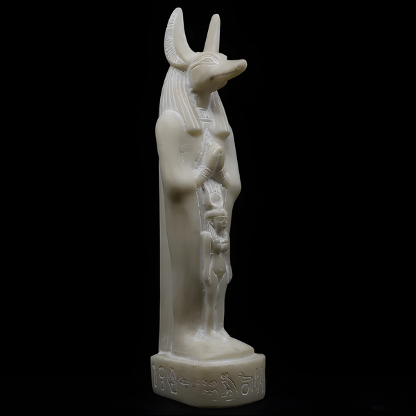 Side view of the alabaster Anubis statue, museum reproduction