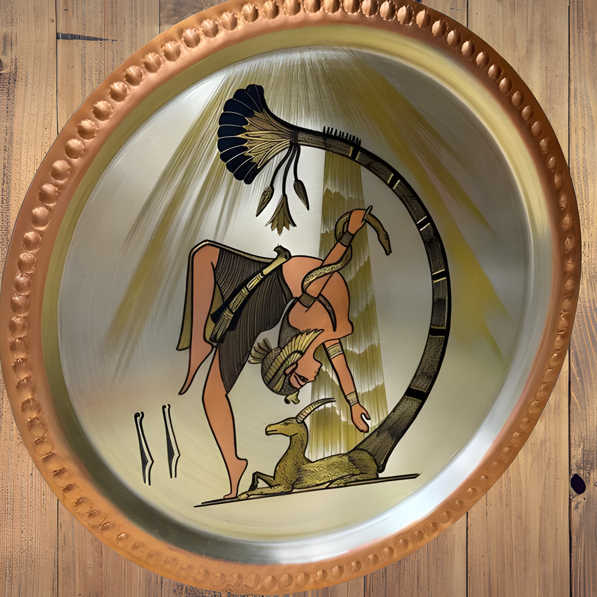 Copper decorative plate depicting a dance scene, hand-engraved wall art, close-up detail
