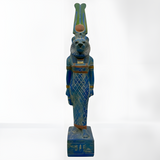 Sekhmet statue in blue stone, museum reproduction, front view