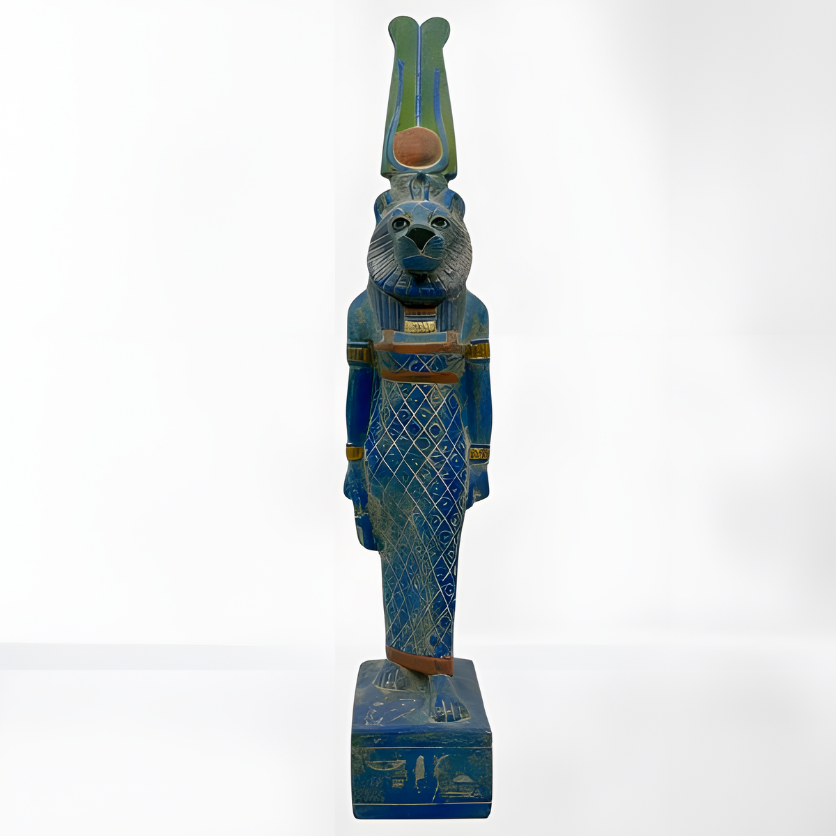 Sekhmet statue in blue stone, museum reproduction, front view