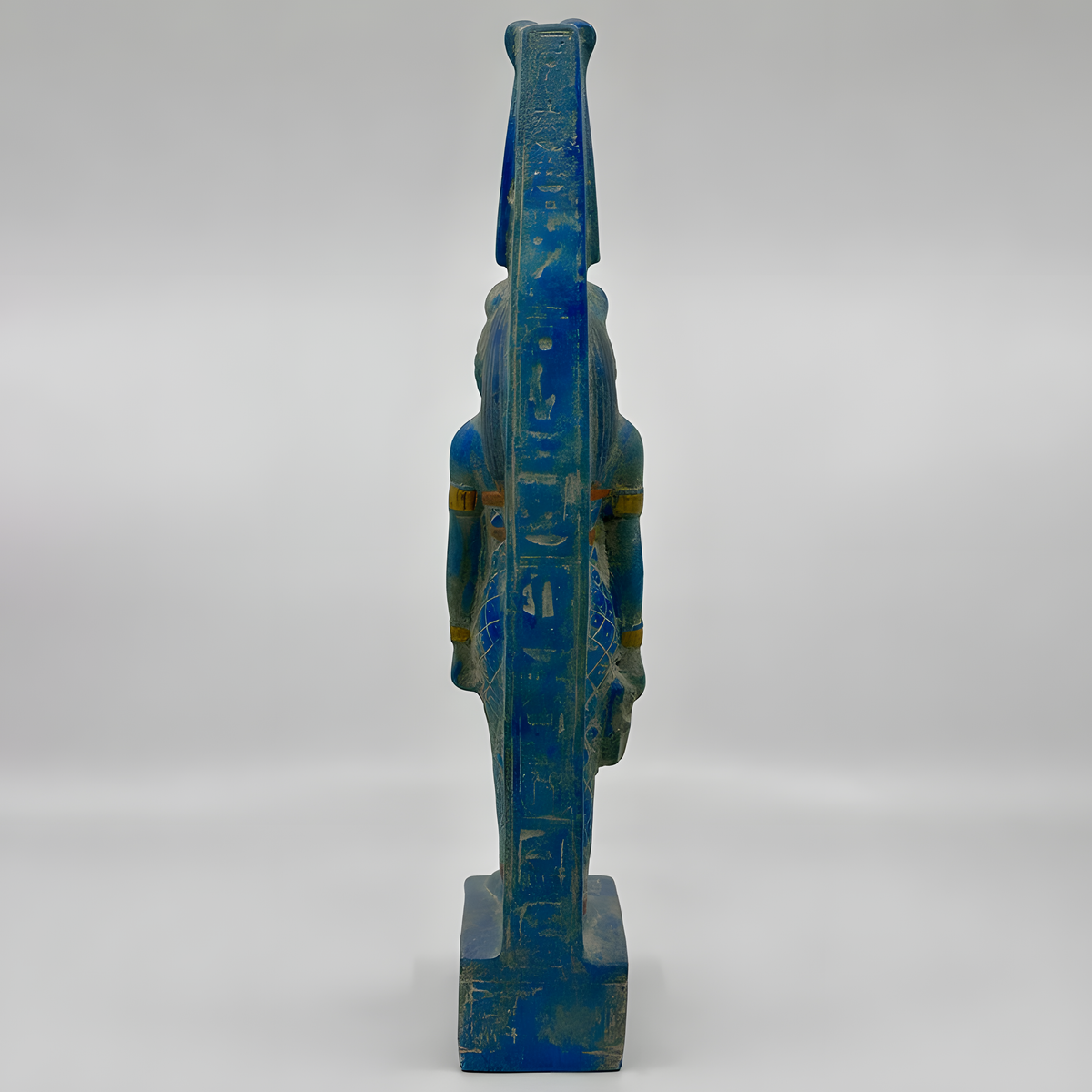 Sekhmet statue in blue stone, museum reproduction, back view
