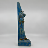Sekhmet statue in blue stone, museum reproduction, lioness head detail