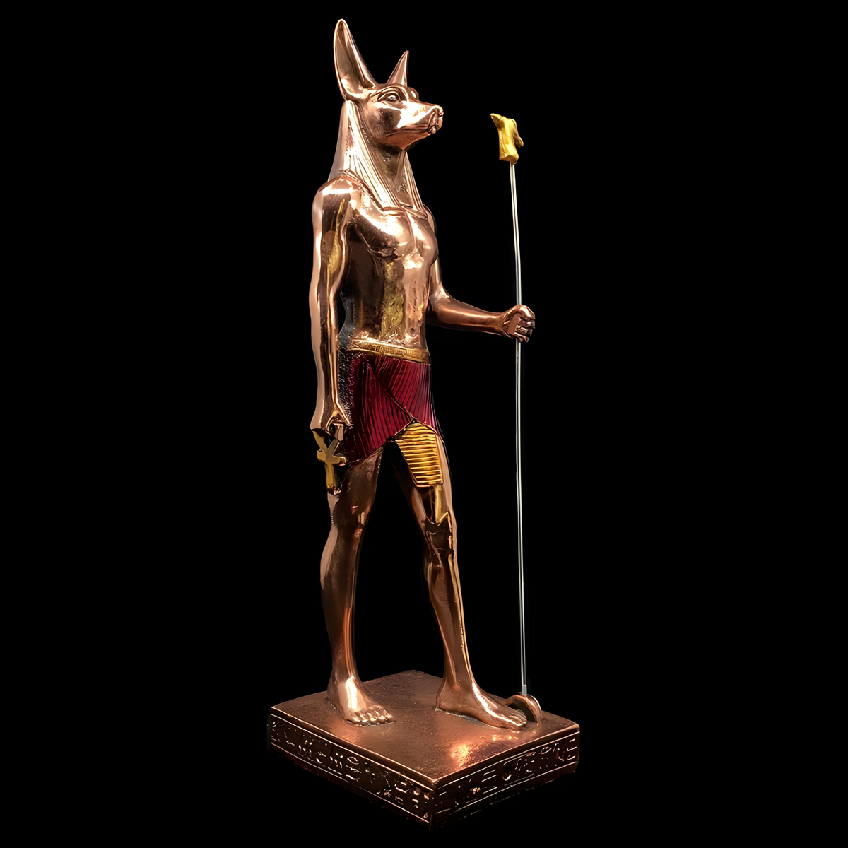 Side view of the copper Anubis statue, museum reproduction