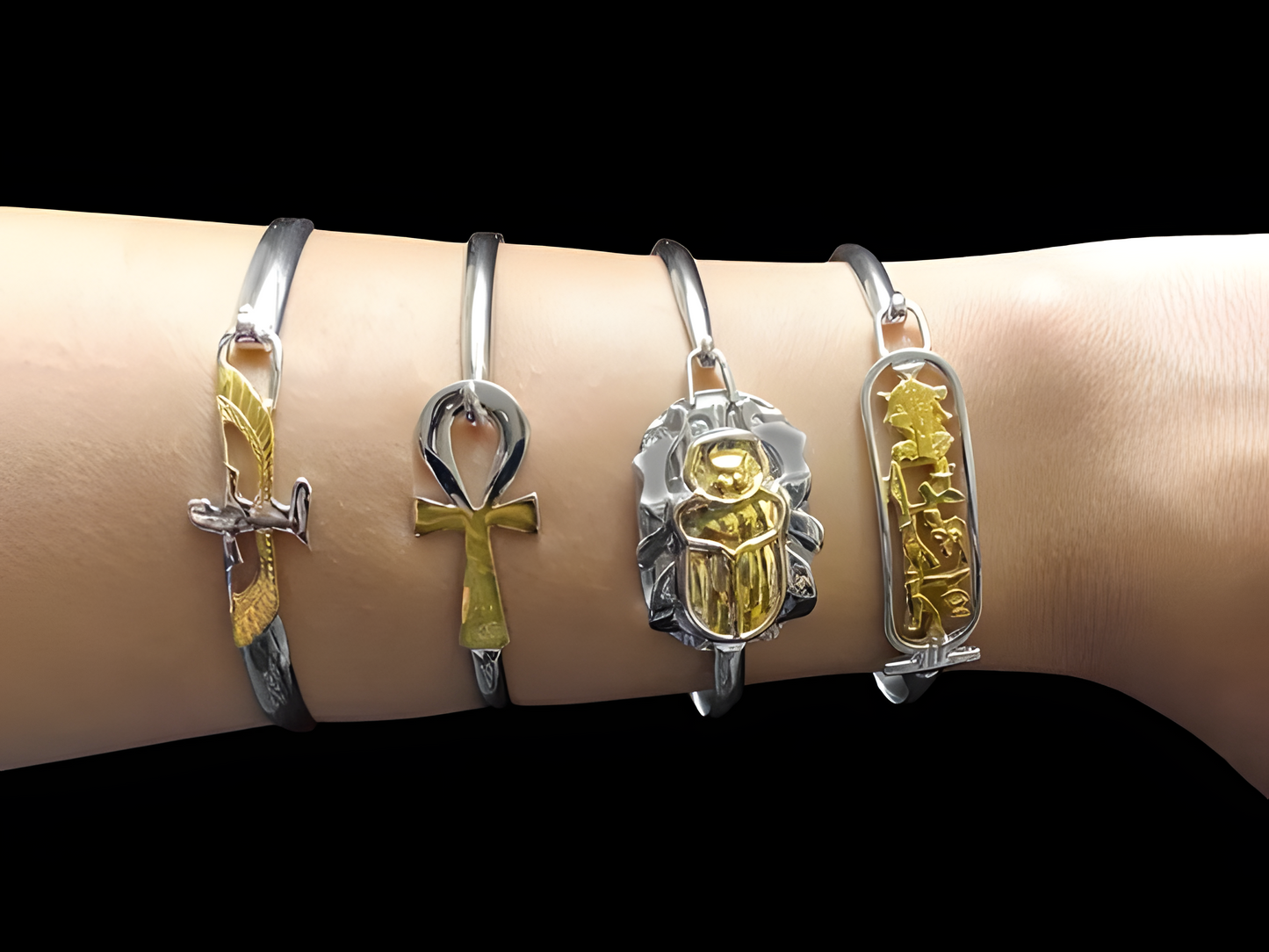 Handmade Egyptian brass charm bracelet featuring Isis, Ankh, Scarab, and Cartouche charms