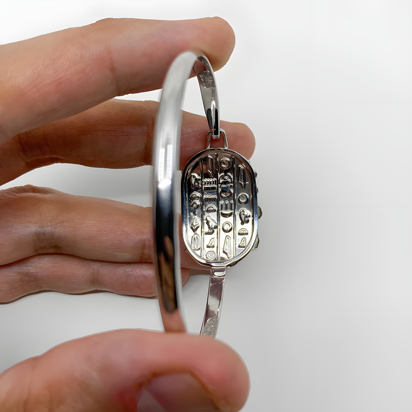Close-up of the Ankh charm on the handmade Egyptian brass bracelet