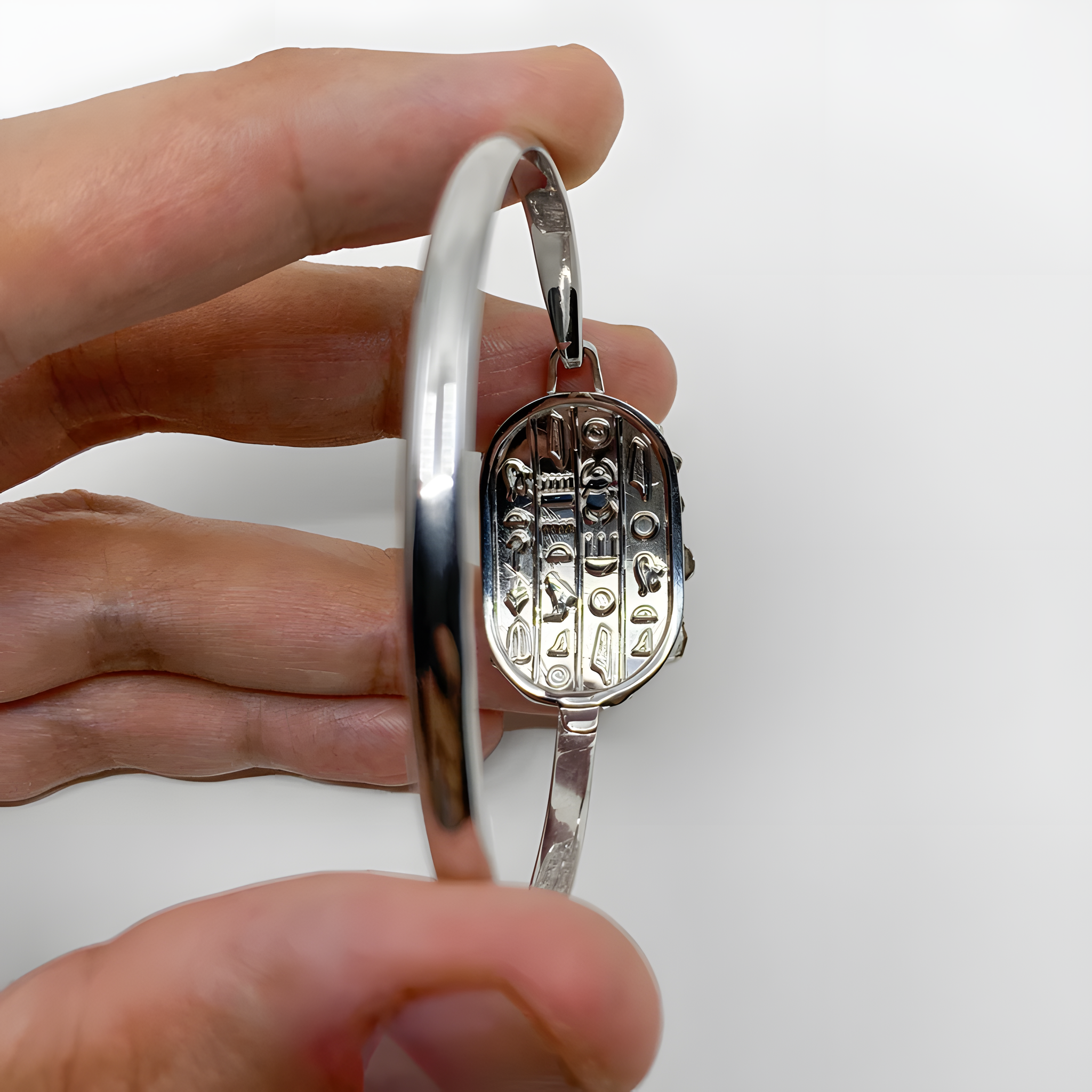Close-up of the Ankh charm on the handmade Egyptian brass bracelet