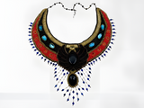 Handmade Egyptian winged scarab beaded collar necklace, front view