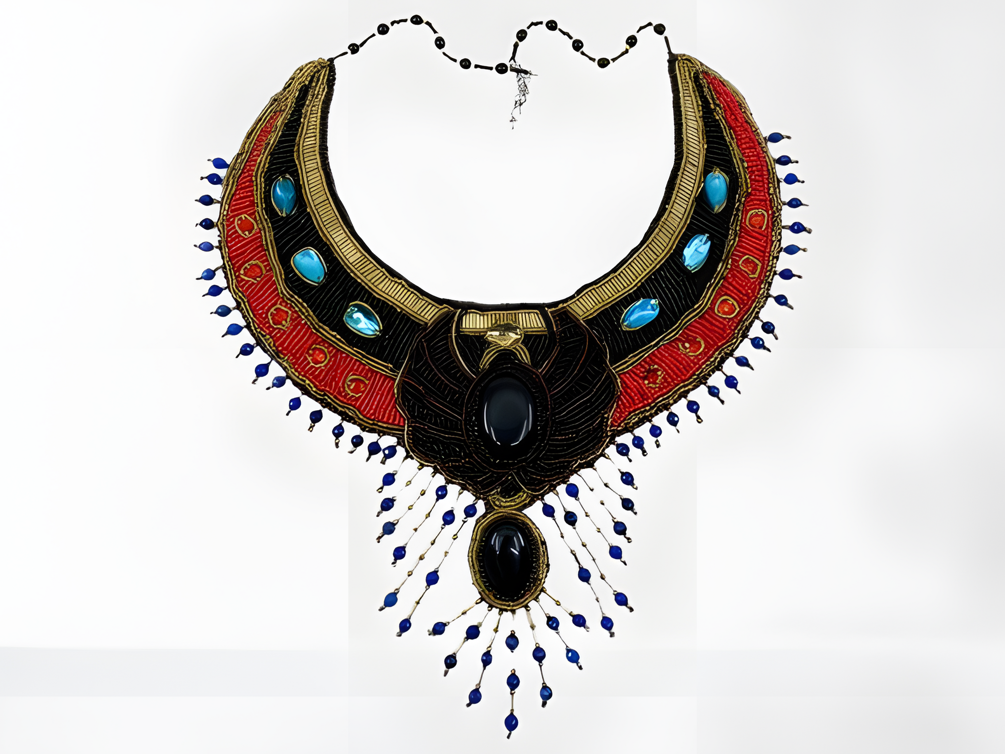 Handmade Egyptian winged scarab beaded collar necklace, front view