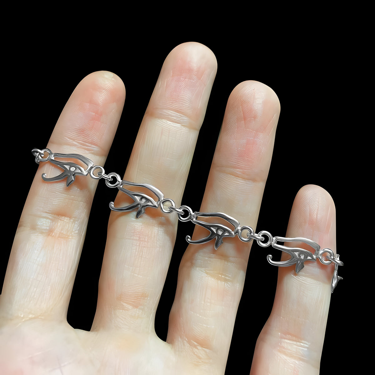 Eye of Horus Egyptian bracelet, close-up of the charm detail