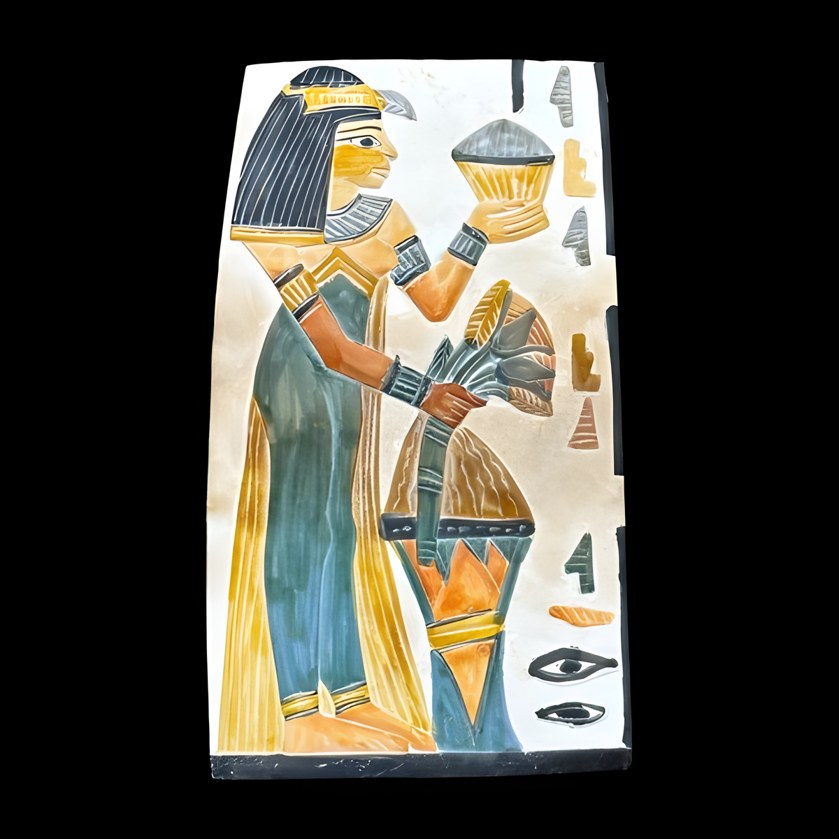 Egyptian limestone tablet museum reproduction depicting priestess offering lotus flower to Isis, front view