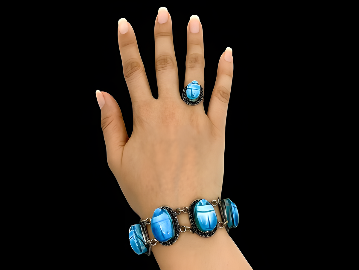 Handmade blue scarab sterling silver bracelet and ring set
