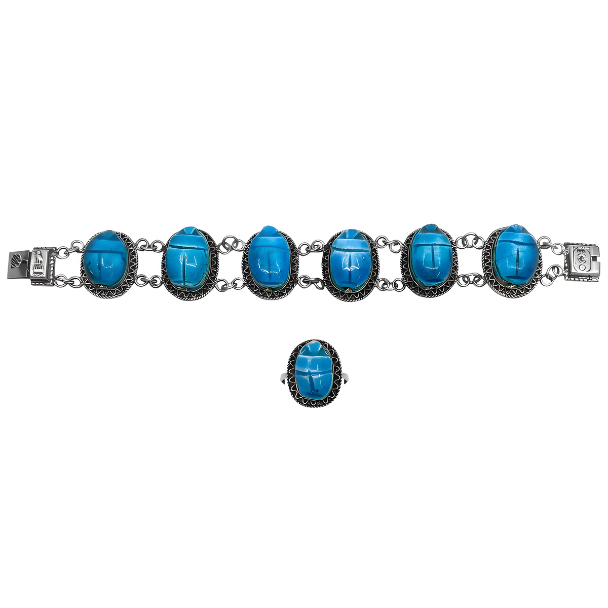 Blue faience scarab ring, adjustable sterling silver band