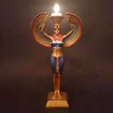 Black and gold Isis statue with candle holder, museum reproduction, front view
