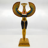 Black and gold Isis statue candle holder, museum reproduction, side profile view