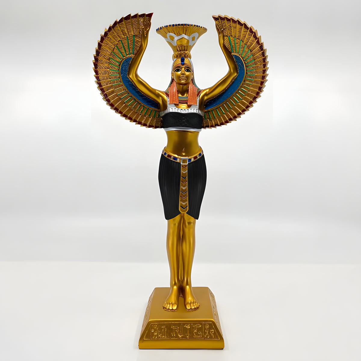 Black and gold Isis statue candle holder, museum reproduction, side profile view