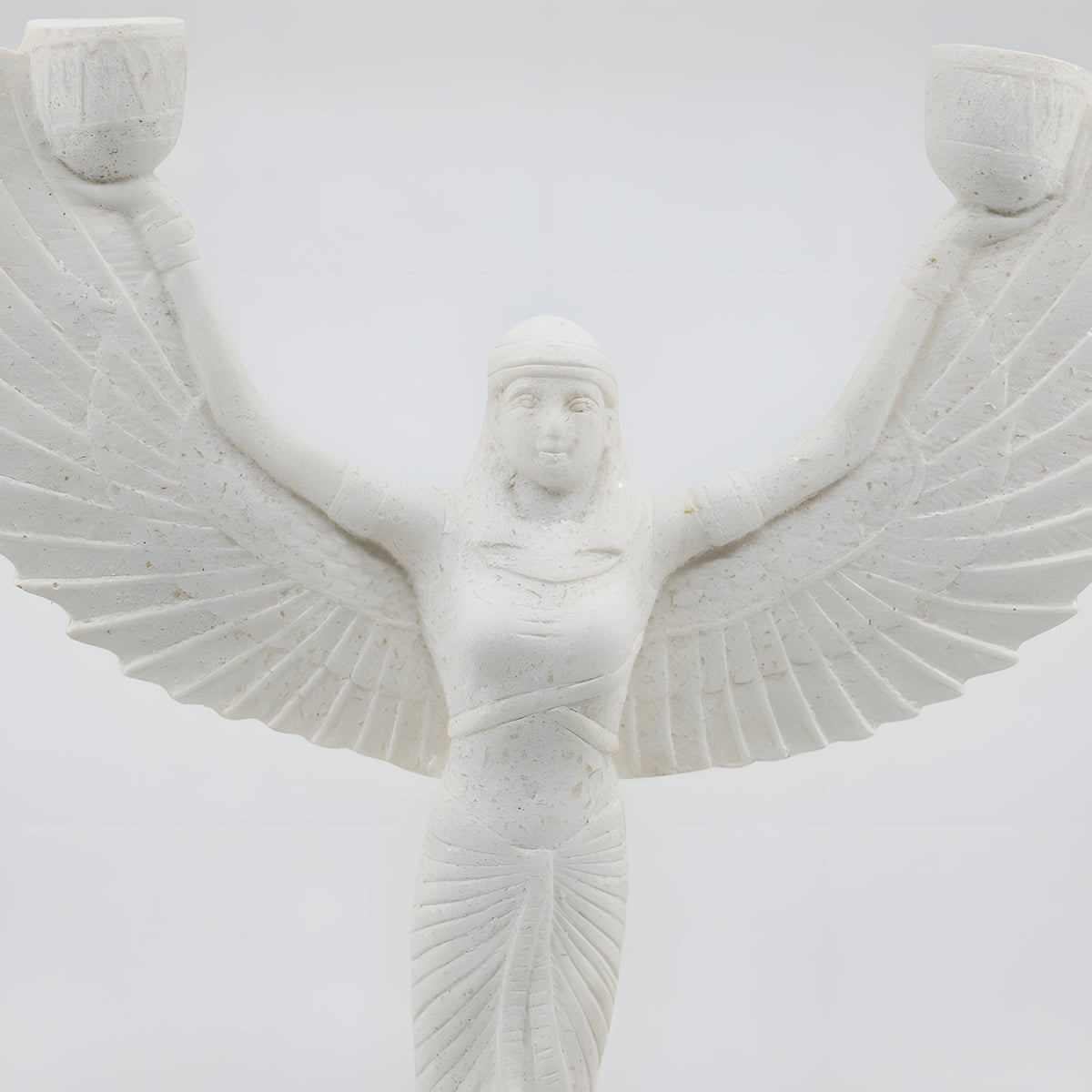 Alabaster Isis candle holder statue, museum reproduction, side profile view