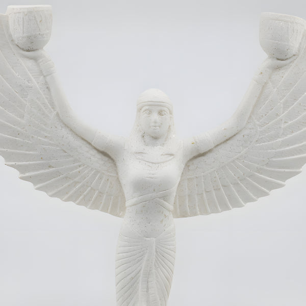 Alabaster Isis candle holder statue, museum reproduction, side profile view
