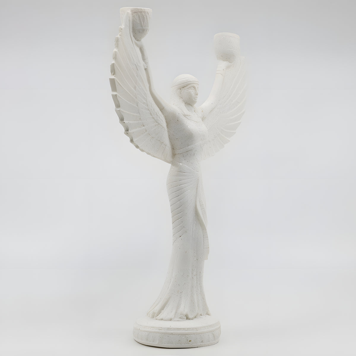 Alabaster Isis candle holder statue, museum reproduction, candle holder detail
