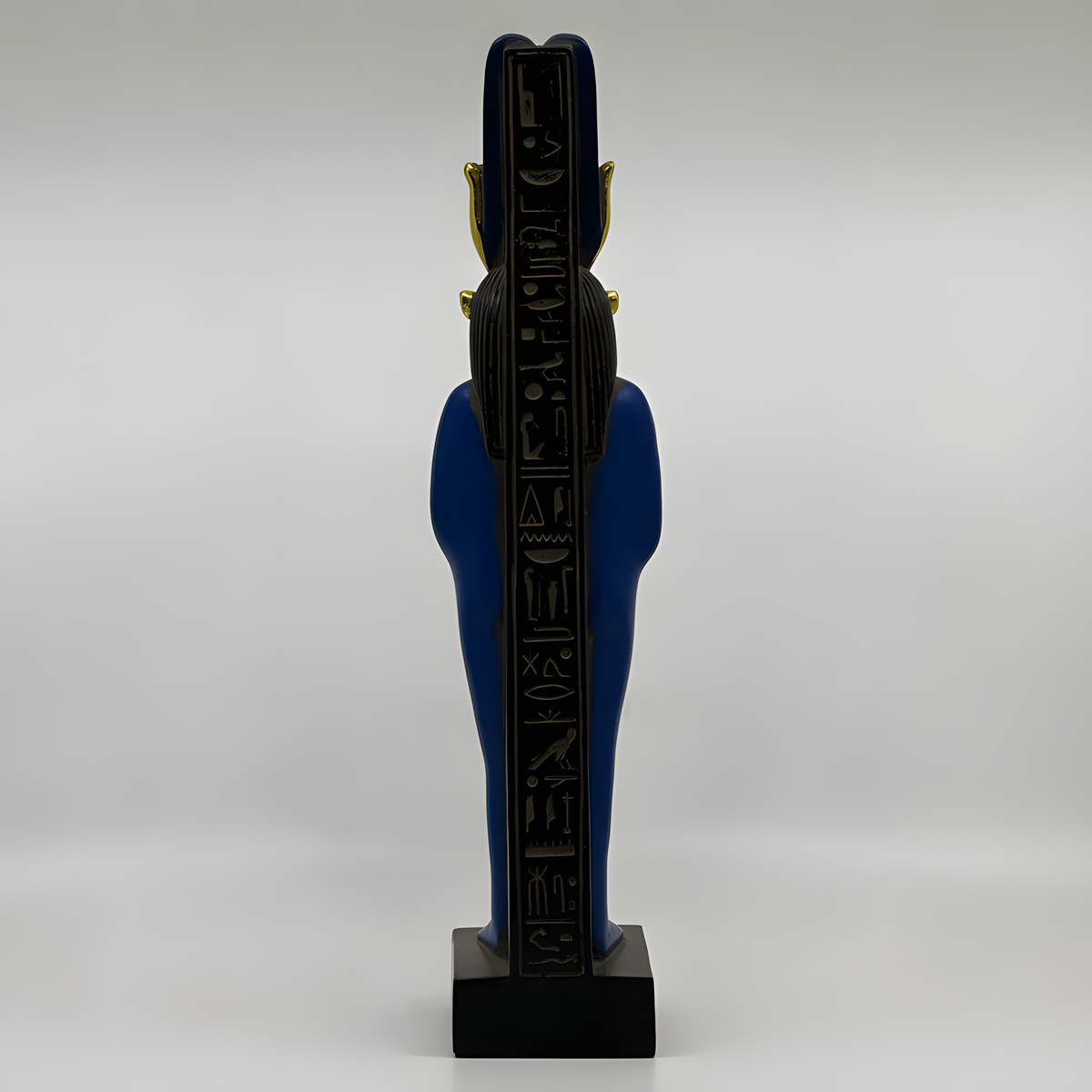 Hathor statue with gold-leaf finish, museum reproduction, detail view of the carved headdress