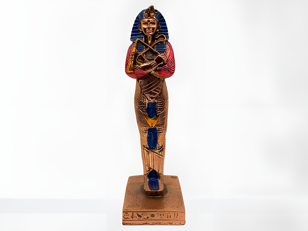 Handmade copper King Tut coffin statue, museum reproduction, front view