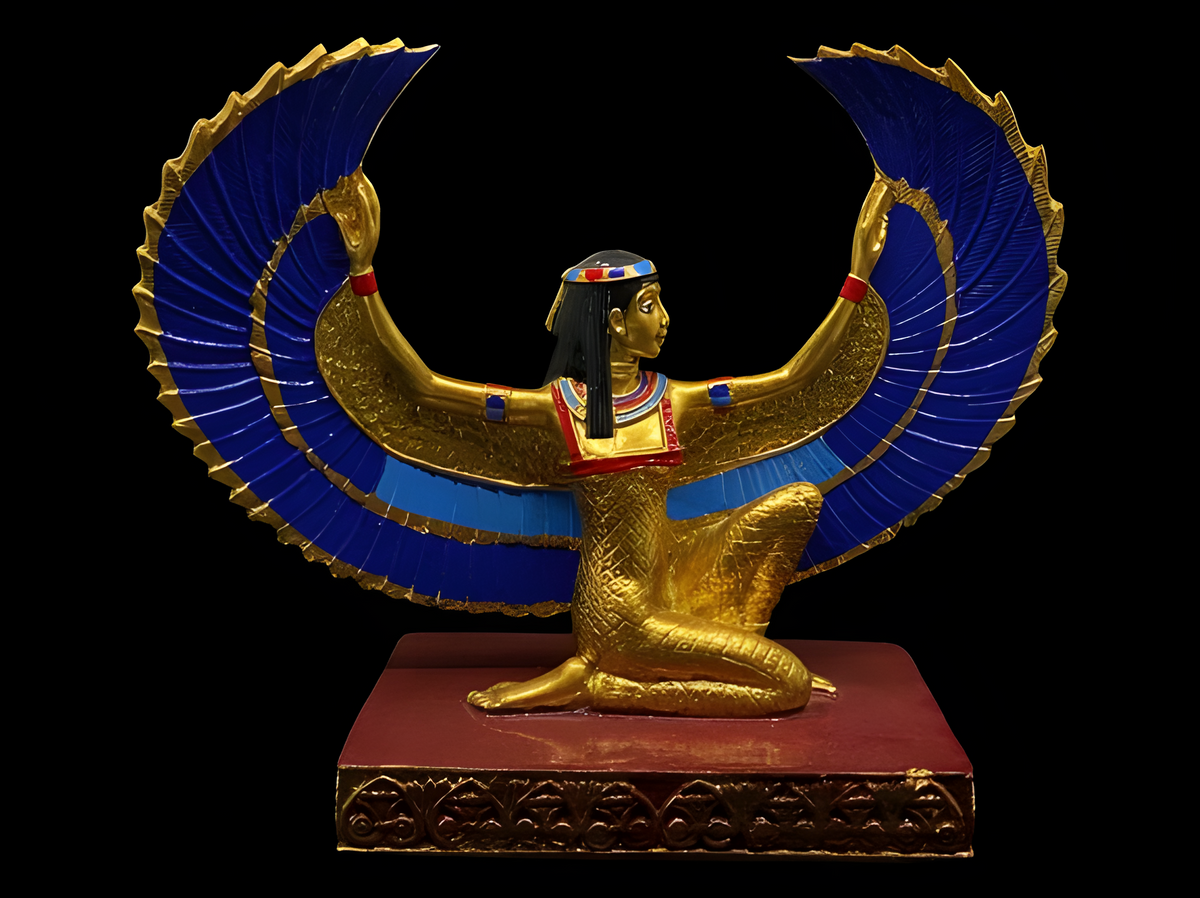 Golden winged Isis statue, museum reproduction, front view
