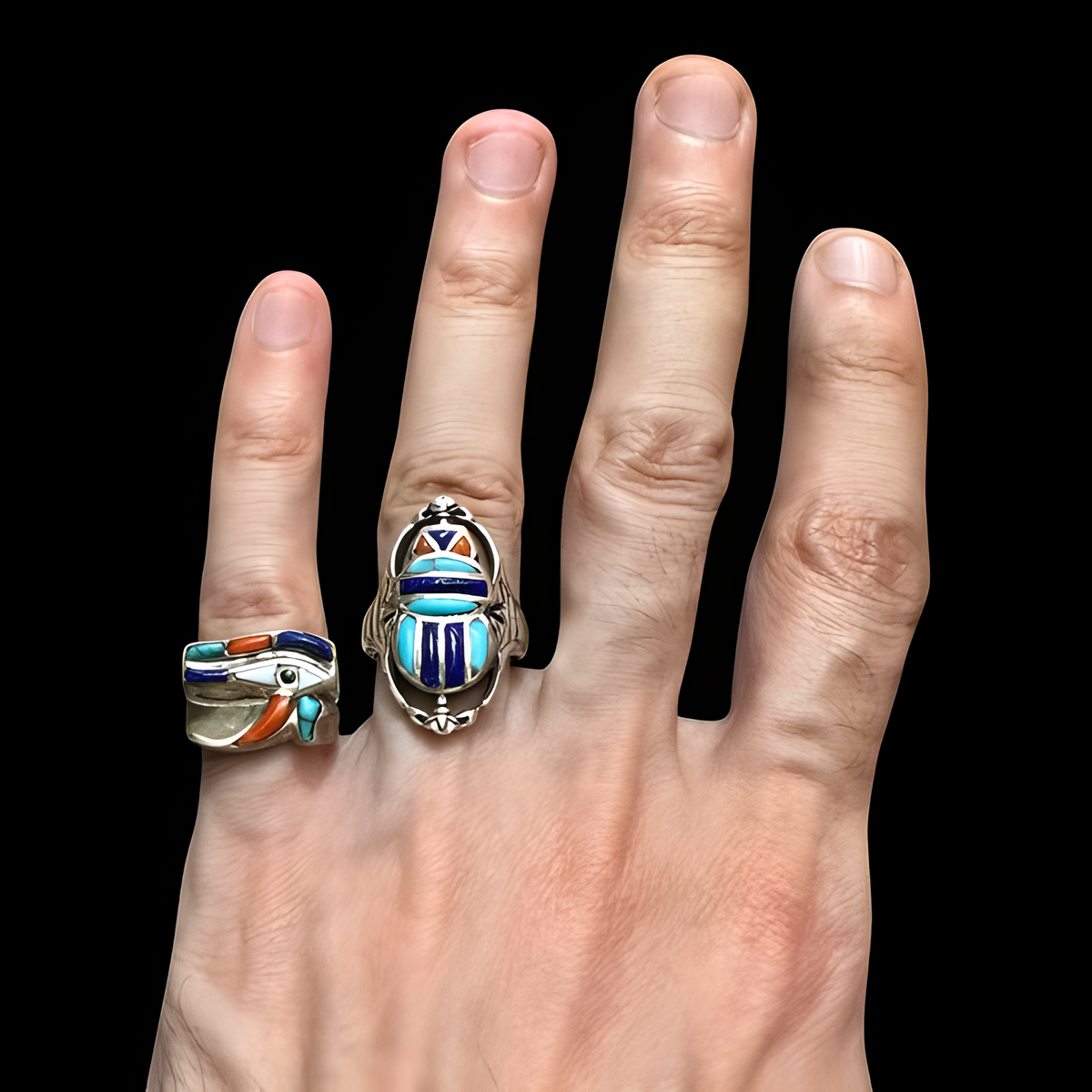 Handmade Egyptian sterling silver Scarab and Eye of Horus ring set