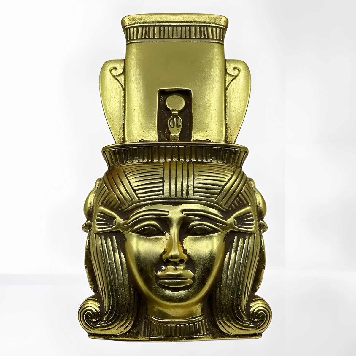 Hathor face wall sculpture, museum reproduction, hand-finished stone, front view
