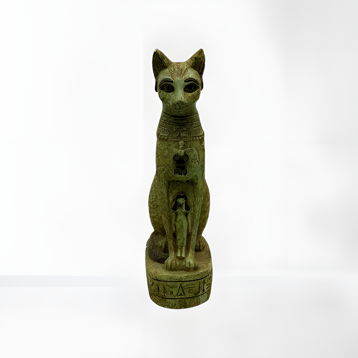 Green Bastet statue, museum reproduction, front view