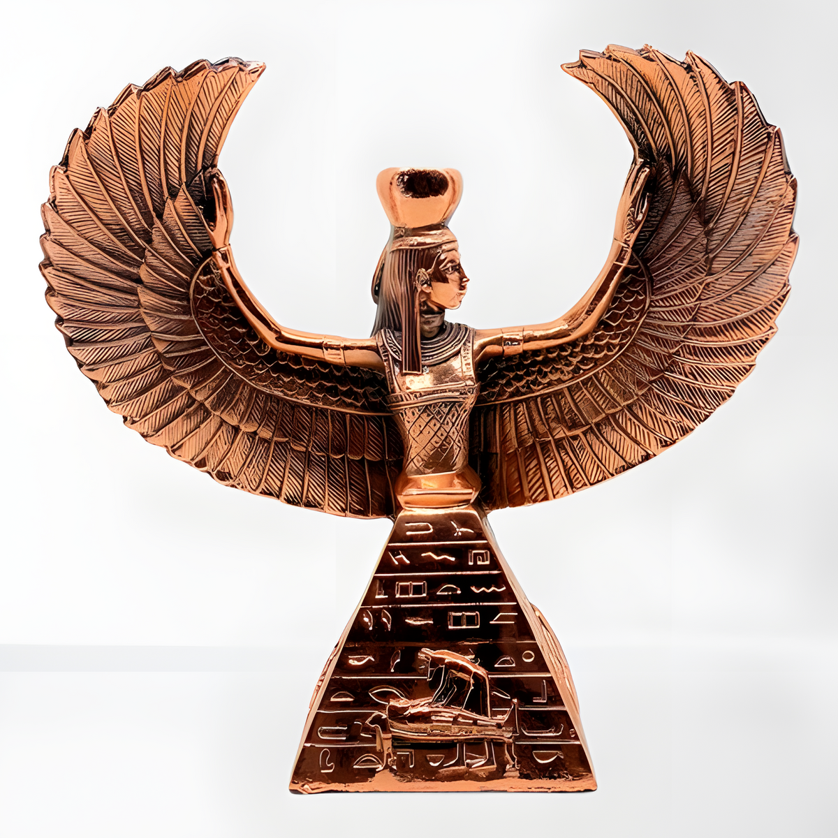 Isis and pyramid candle holder statue, museum reproduction, candle holder detail