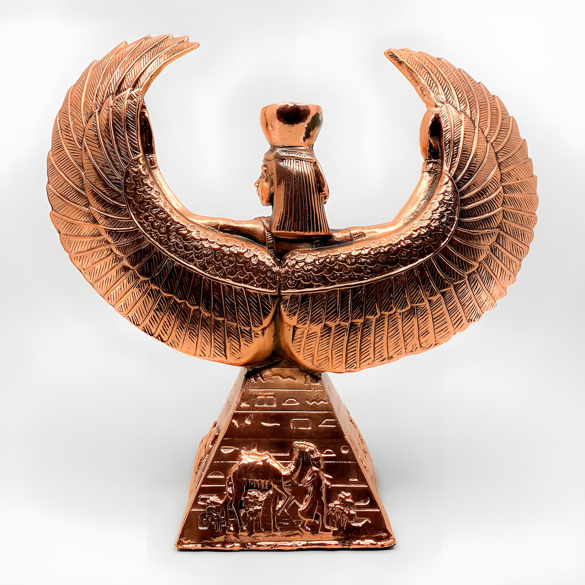 Isis and pyramid candle holder statue, museum reproduction, side view