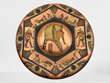Handmade copper wall art plate depicting Tutankhamun protected by Anubis, museum reproduction, front view