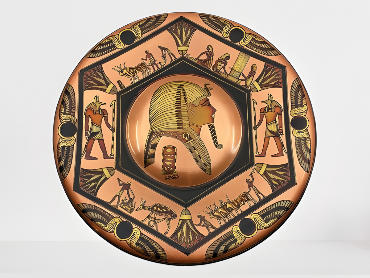 Handmade copper wall art plate depicting Tutankhamun protected by Anubis, museum reproduction, front view