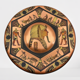 Angled view of the handmade copper Tutankhamun and Anubis wall art museum reproduction