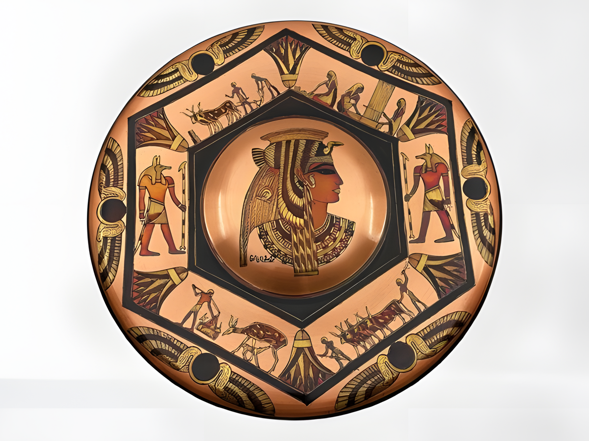 Handcrafted copper wall plate depicting Cleopatra and Anubis, museum reproduction