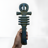 Blue-toned stone Egyptian Ankh statue, museum reproduction, front view
