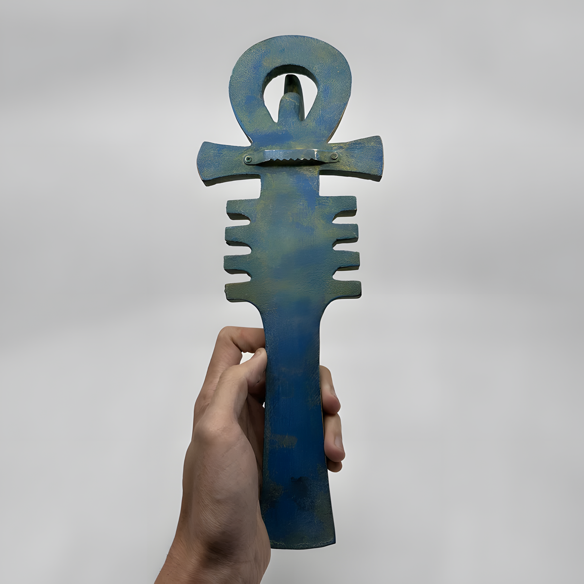 Blue stone Egyptian Ankh statue, museum reproduction, close-up detail