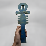 Blue stone Egyptian Ankh statue, museum reproduction, close-up detail