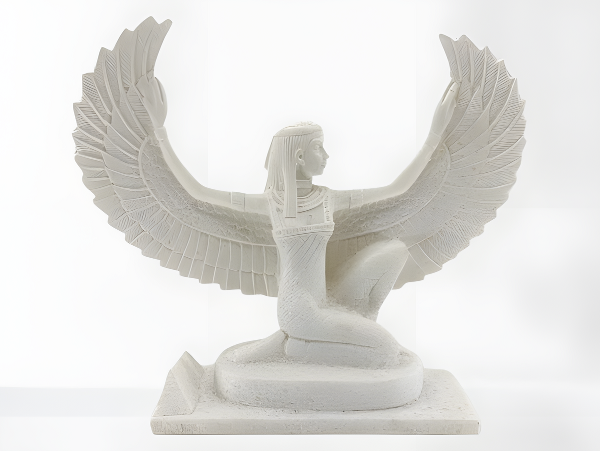 Hand-carved alabaster winged Isis statue, museum reproduction