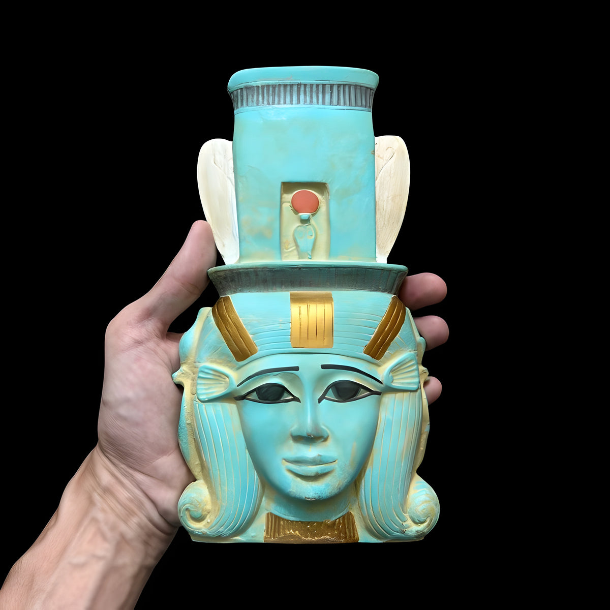 Hand-carved stone Hathor face wall sculpture, museum reproduction