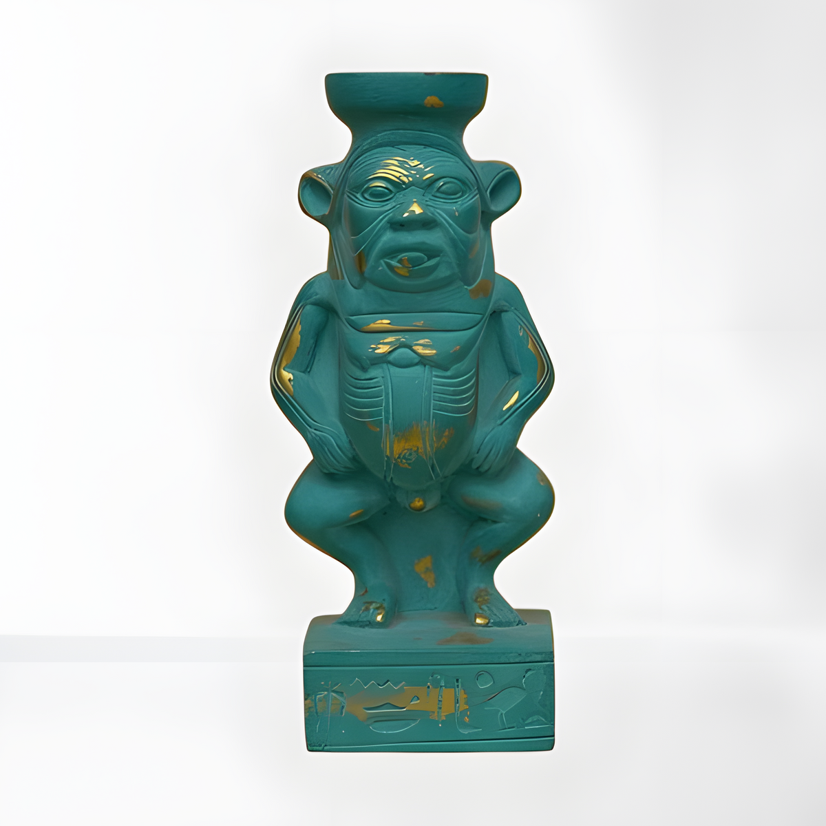 Bes deity statue, museum reproduction — front view with gold-tone accents on blue stone